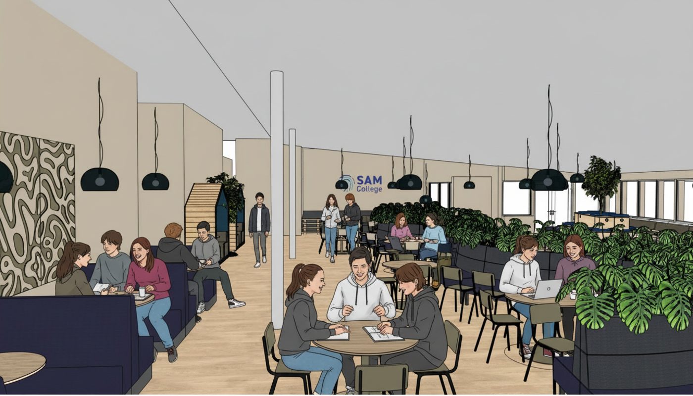 Interieur van SAM College in Heesch met leerlingen die samen leren